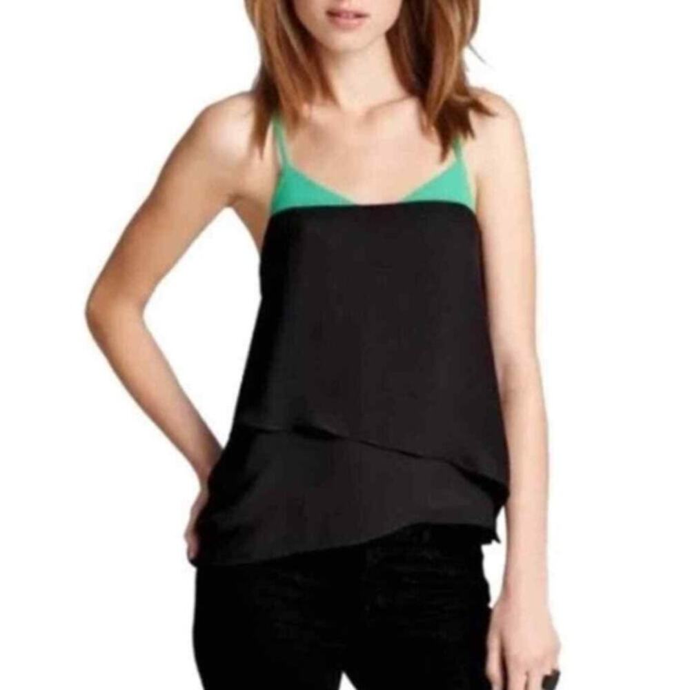 BCBGMaxazria Black Green Blouse Tank Womens Small Asymmetrical Racerback Flowy